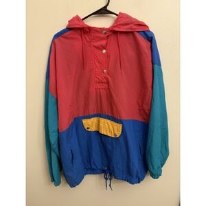 Vtg 90s Sports Accent Colorblock Windbreaker Jacket 2XL Anorak Hooded Retro Pink